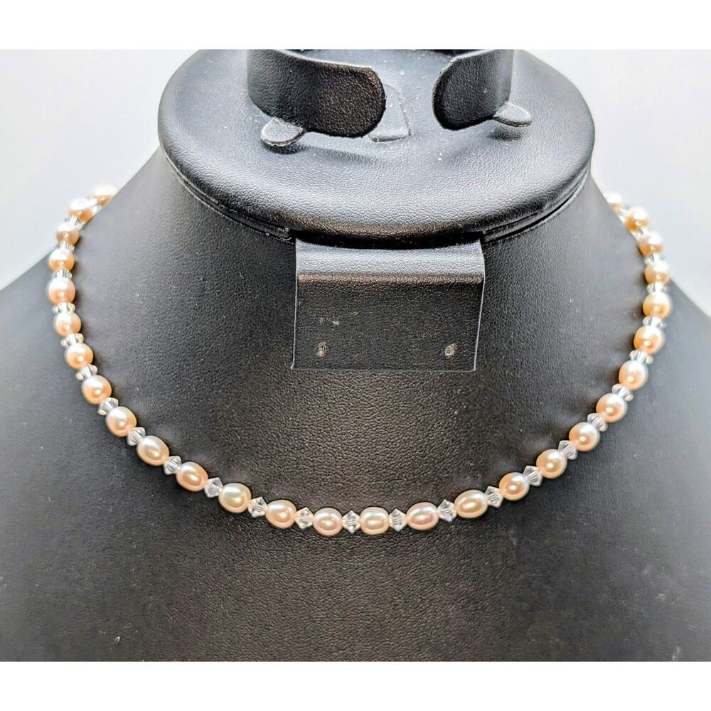 Pale Pink Freshwater Pearl Bicone Crystal Beaded 925 Sterling Silver Necklace